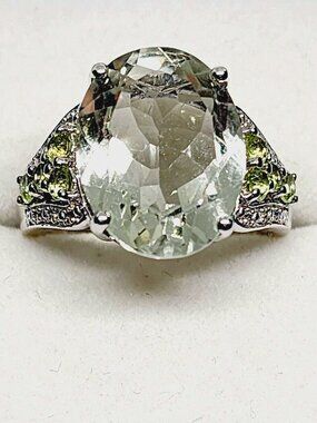 Prasiolite (Green Amethyst) & Peridot ring in Plat/over 925 Sterling sz 8